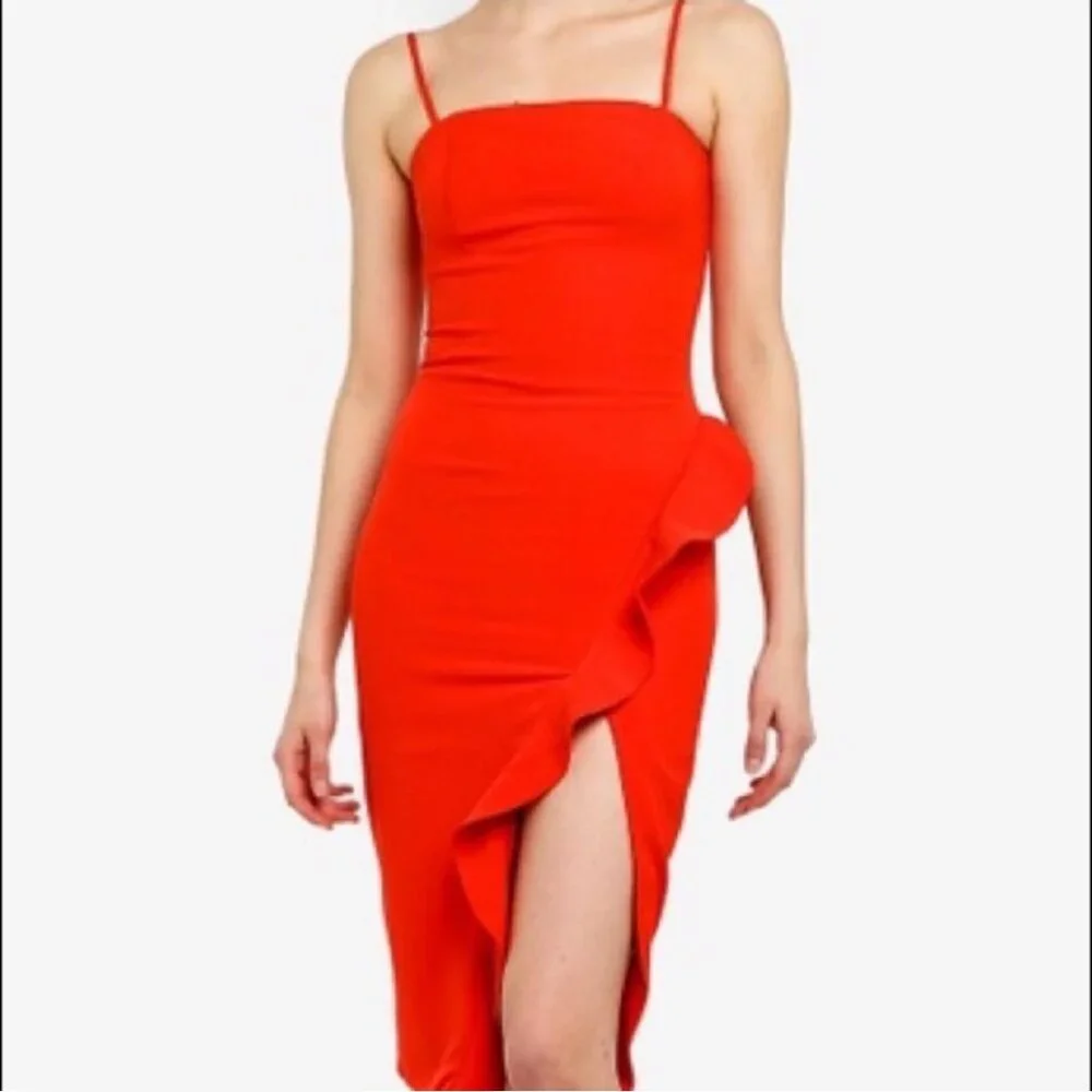 ☑️ Bardot Carmelle Cocktail Dress Ruffle Slit Fitted size 10/L - Picture 10 of 12